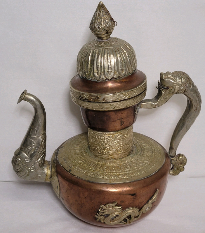 Vintage Brass & Copper Tibetan Tea Pot . Measures 11 1/4" tall . Age appropriate wear