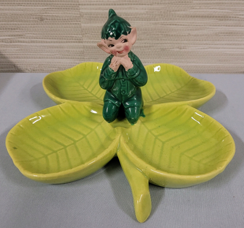 Vintage 1951 Gilner California Pottery Green Pixie Elf 4-Leaf Clover Candy Dish