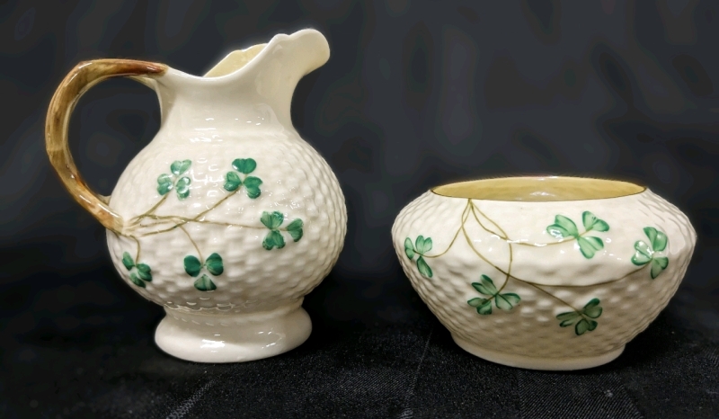 Vintage Beleek Ireland Shamrock Mini Jug Creamer (Blue Stamp) & Open Sugar Dish (Black Stamp)