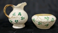 Vintage Beleek Ireland Shamrock Mini Jug Creamer (Blue Stamp) & Open Sugar Dish (Black Stamp)