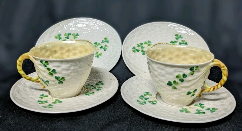 Vintage Beleek Ireland Shamrock : 2 Cups with 4 Saucers (All Green Stamp)