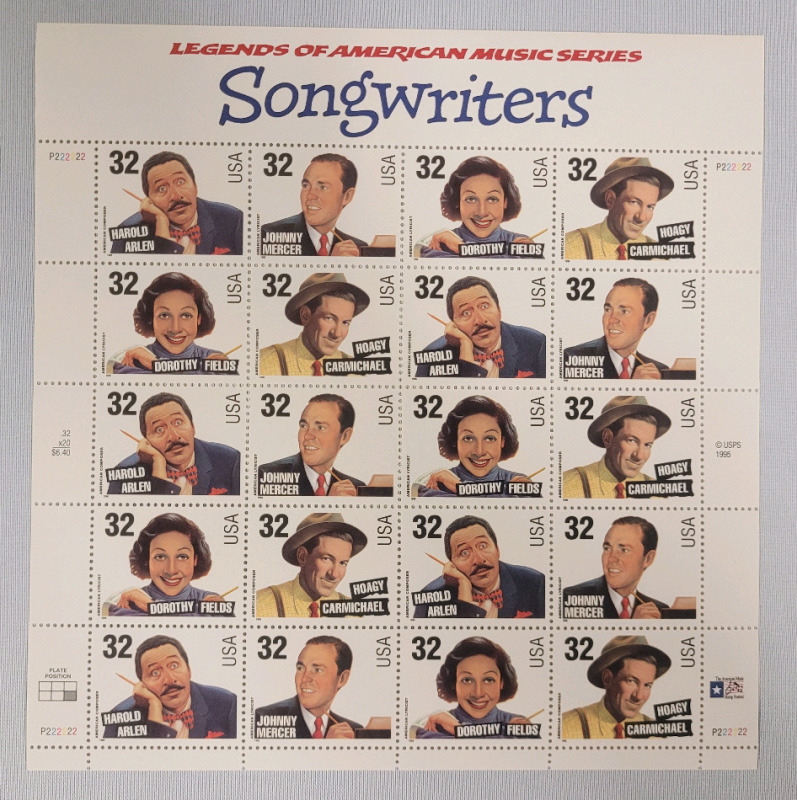 1995 US Postal ' Legends of American Music : Songwriters ' Stamp Sheet , 32 Cent Stamps