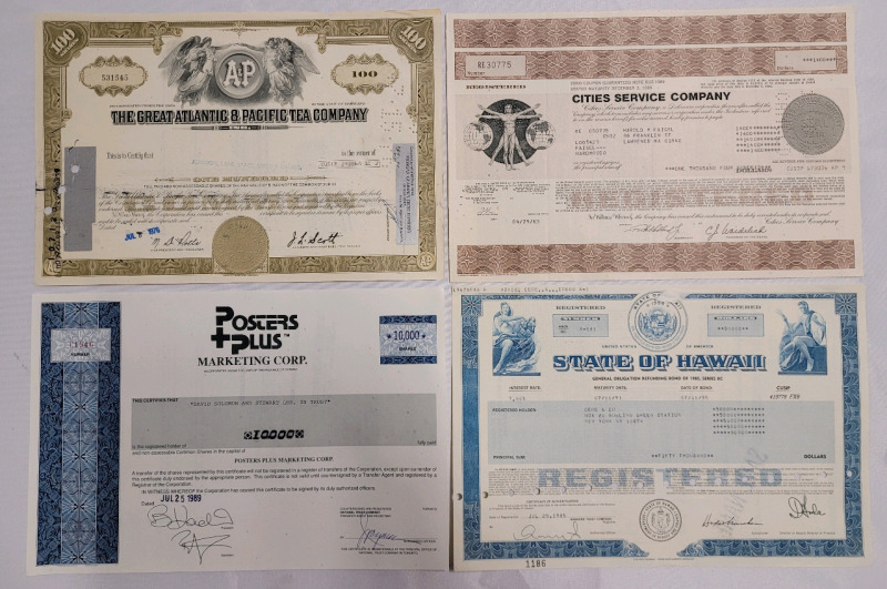 1970s & 1980s Company Paper Stock Certificates . Four (4) Stocks , Various Companies