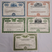 Vintage 1961 - 1965 Company Paper Stock Certificates . Five (5) Stocks , Various Companies