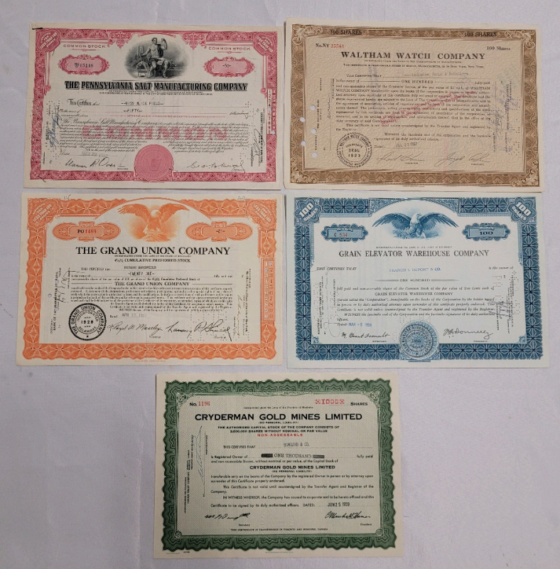 Vintage 1951 - 1959 Company Paper Stock Certificates . Five (5) Stocks , Various Companies