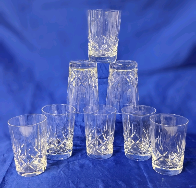 8 Crystal Crossed Olive Pattern Glasses 3 5" Tall