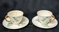 Vintage Beleek Ireland Shamrock : 2 Cups with 2 Saucers (All Black Stamp)