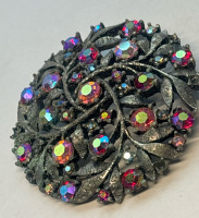 AB Rhinestone Large Round Brooch Antiqued Silver No 2287