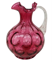 Vintage Fenton Ruffled Cranberry Glass Reverse Coin Pitcher w Applied Handle 7" Tall