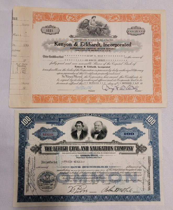 1945 & 1949 Company Paper Stock Certificates . Two (2) Stocks , Various Companies