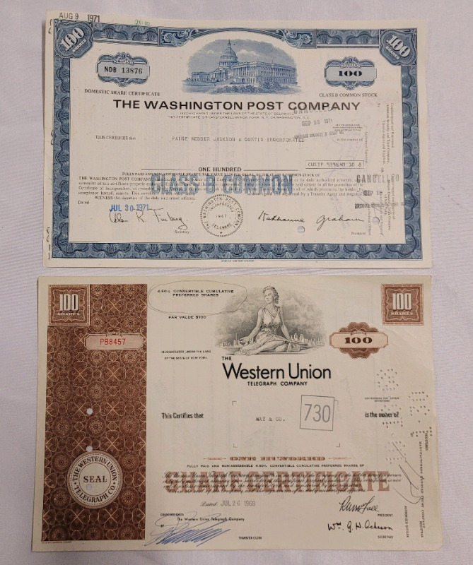 Vintage Washington Post & Western Union Paper Stock Certificates .