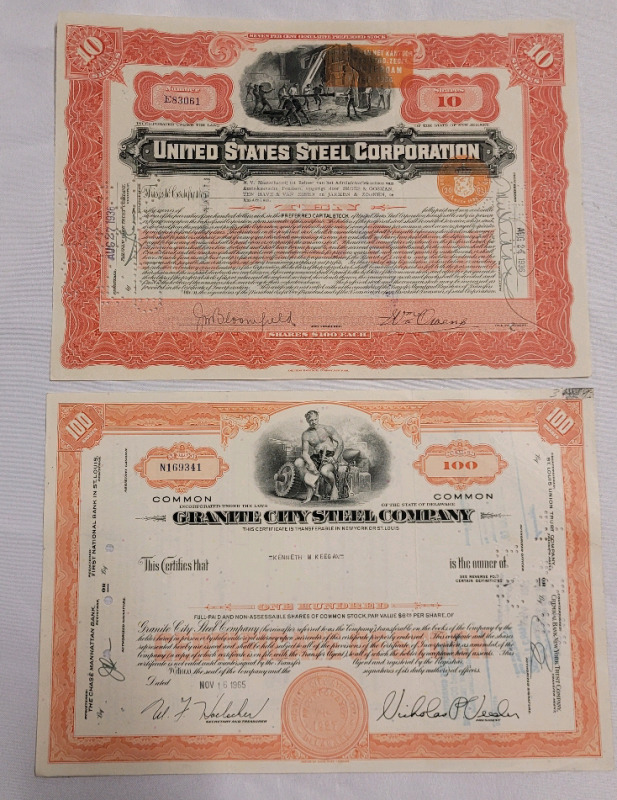 Vintage Granite City Steel & United States Steel Corporation Paper Stock Certificates