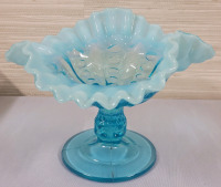 Vintage Opalescent Blue Hobnail Art Glass Candy / Nut Dish . Measures 4 3/4" Tall