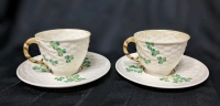 Vintage Beleek Ireland Shamrock : 2 Cups with 2 Saucers (All Black Stamp)