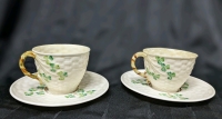 Vintage Beleek Ireland Shamrock : 2 Cups with 2 Saucers (All* Black Stamp, 1 Possible Brown Stamp)