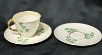 Vintage Beleek Ireland Shamrock : 1cCups with 2 Saucers (All Black Stamp)