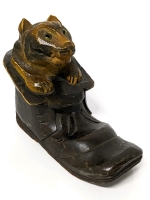 Vintage Hand Carved Lightweight Wood Cat in Shoe (Puss in Boot ?) Folk Art Inkwell Made in Japan 5.25" x 3.25" Tall