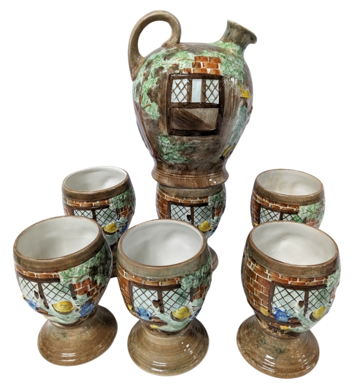 Vintage E. Radford England HandPainted &ldquo;Tavern-ware&rdquo; Jug 7" & 6 Goblet Pottery Set 4.45" Tall ea