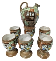 Vintage E. Radford England HandPainted “Tavern-ware” Jug 7" & 6 Goblet Pottery Set 4.45" Tall ea