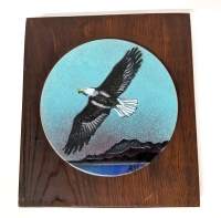 Vintage Enamel on Copper Disk "Bald Eagle" #322 Signed by Artist John Agg, Qualicim BC, Mounted on Board