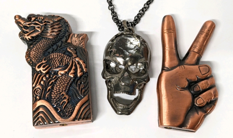 kitschy Peace Sign & Chinese Dragon Lighters + Neat Large Skeleton Pendant with Cut Glass Crystals and Hinged Jaw