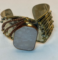 Handmade Brutalist Open Cuff Bracelet Large Rose Quartz Stone