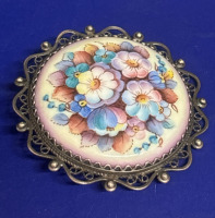 Antique Hand Painted Filigree Floral Round C Clasp Brooch