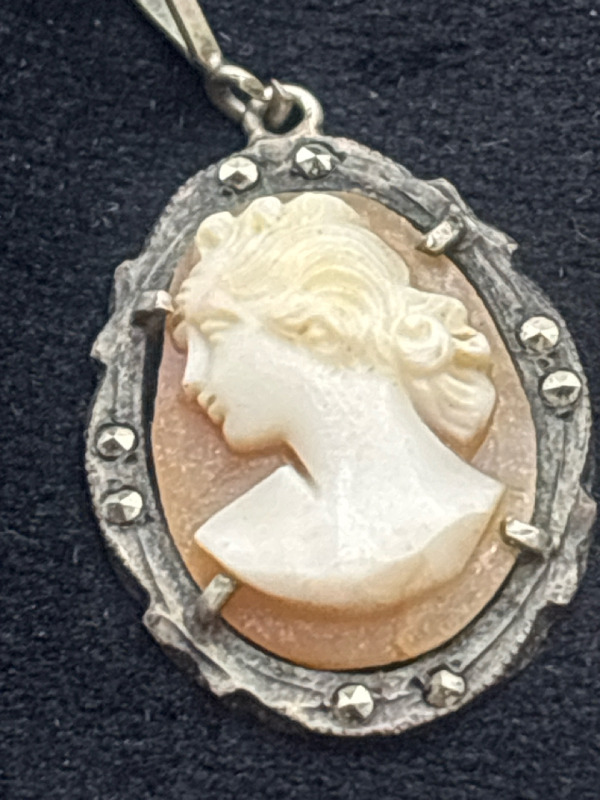 Vintage Shell Cameo Marcasite Vintage Sterling Silver Chain