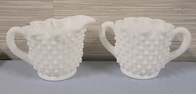 Vintage Fenton Star Top Sugar Bowl And Creamer Set , Hobnail White Milk Glass