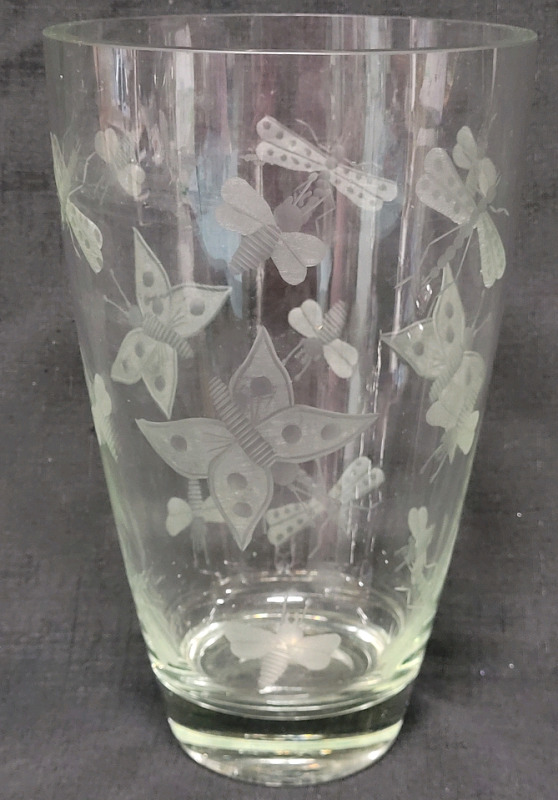 Clear Glass Etched Butterfly Vase . Measures 11" Tall . No chips or cracks