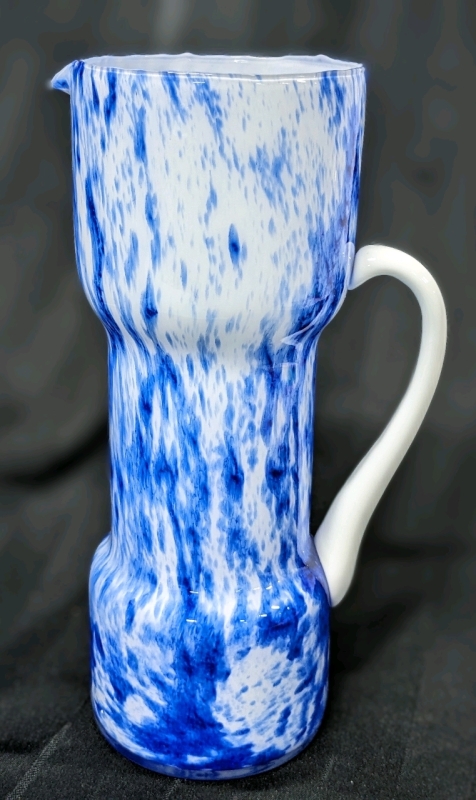 Vintage Cobalt Blue over Milk Glass Pitcher 10" Tall