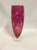 Floral Etched Cranberry Vase 10 1/2 inches