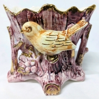 Vintage Bird on Pink & Gold Stump Planter Made in Japan