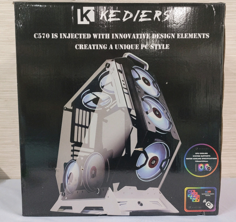 New - KEDIERS C570 ATX Tower Tempered Glass Gaming Computer Open Frame Case w/7 RGB Fans