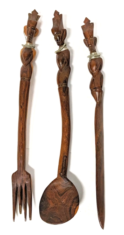 Set of 3 Vintage African Tribal Hand Carved 12" Long Wooden Utensils