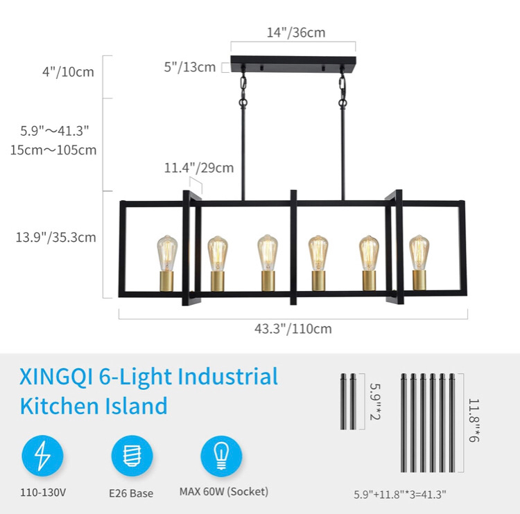 XINGQI Kitchen Island Chandelier Linear Black Light Fixtures Modern 6-Light Rectangular