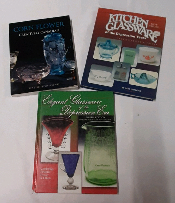 Vintage Books For Collectors on Cornflower Glass, and Two on Depression Glass