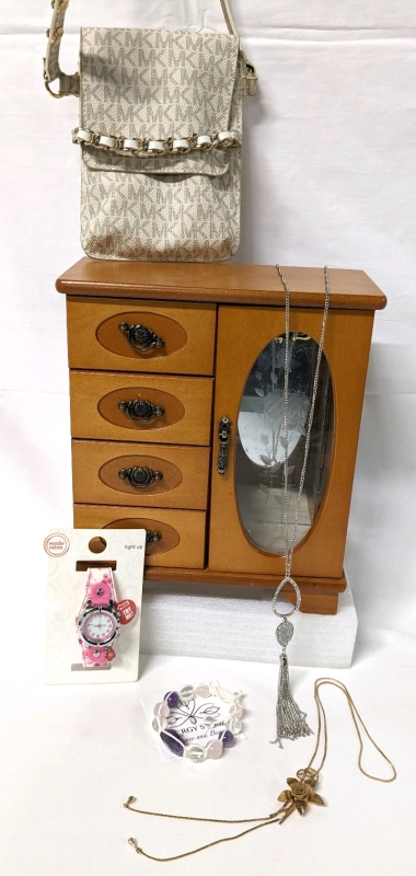 Wood Jewelry Box w Purse, Modern & Vintage Necklaces, Energy Stone Bracelet & New Kids Light-Up Watch