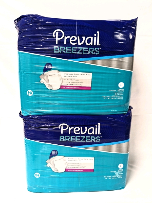 2 New Prevail Breezers 18pk Unisex Size Large Ultimate Absorbency Disposable Briefs (for 45" - 58" Waists") 36 Briefs Total