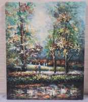 " Outdoor Scene " Oil on Canvas , Signed by Artist . Measures 16"&times;20"