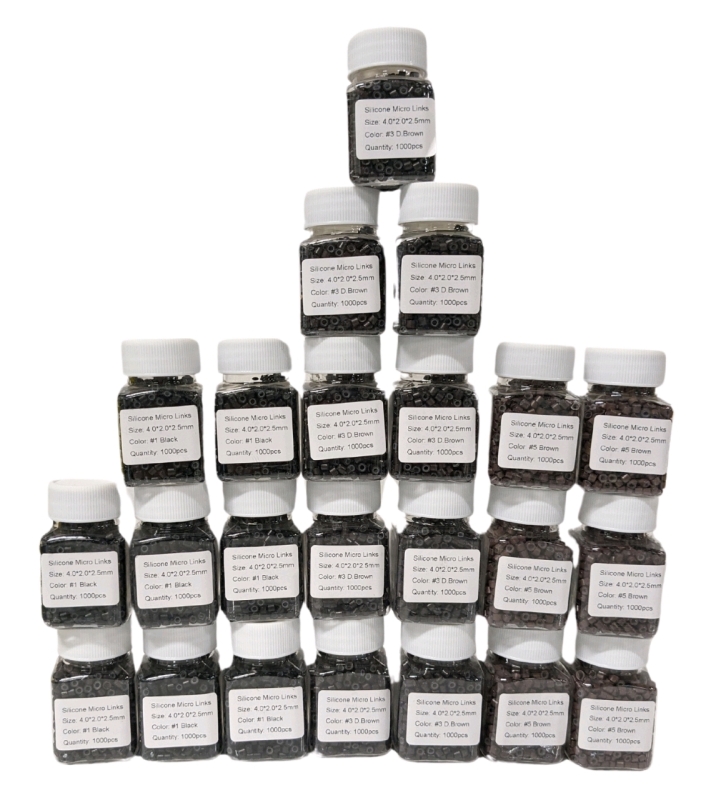 23 New Bottles of Silicone Micro Links (4 x 2 x 2.5mm) for Hair Extensions in Black, Dark Brown & Brown (1000 Micro Links per Bottle)