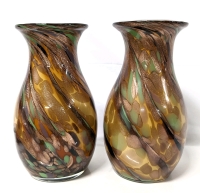 Pair of Gorgeous Matching Art Glass Vases with Glittering Copper Flecks 11.5" Tall ea