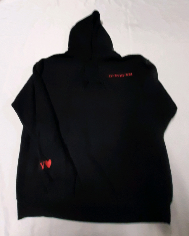 As New Size M Heavy Blend Gilden Hoodie with 4-18-21 in Roman Numerals and a V with a Heart on the Sleeve