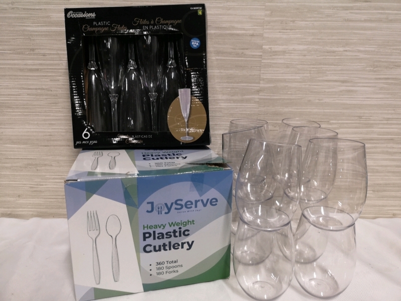 240 New Plastic Forks & Spoons + 6 New Champagne Flutes + 12 Plastic Wine Glasses