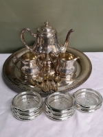 Vintage Silverplate Tea Set + Coasters