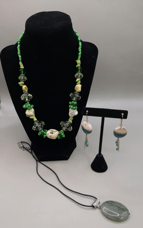 Colour in This Lot Beads & Stones Make Up the Necklace, Blue Tones on The Earrings and a Lovely Striated Adventurine Makes The Pendant