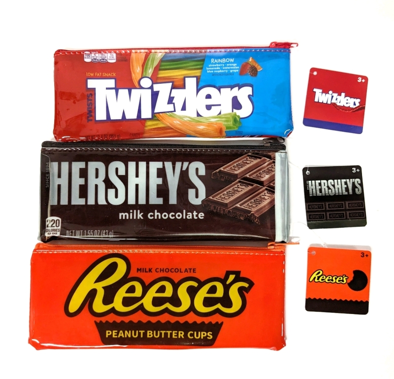 3 New Candy Themed Zippered Pencil Cases / Makeup Bags : Twizzlers, Hershey's & Reese's (7.75" x 3")