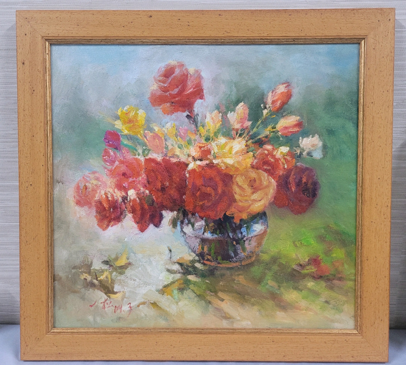 " Flowers in Vase " Oil on Canvas Signed by Artist . Measures 22"&times;21"