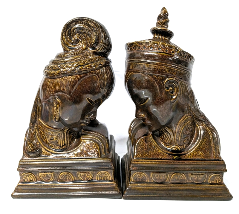 2 Large Ceramic Bookends w Chinese Couple w Brown Glaze & Gold Lustre Glaze 13.5" Tall ea