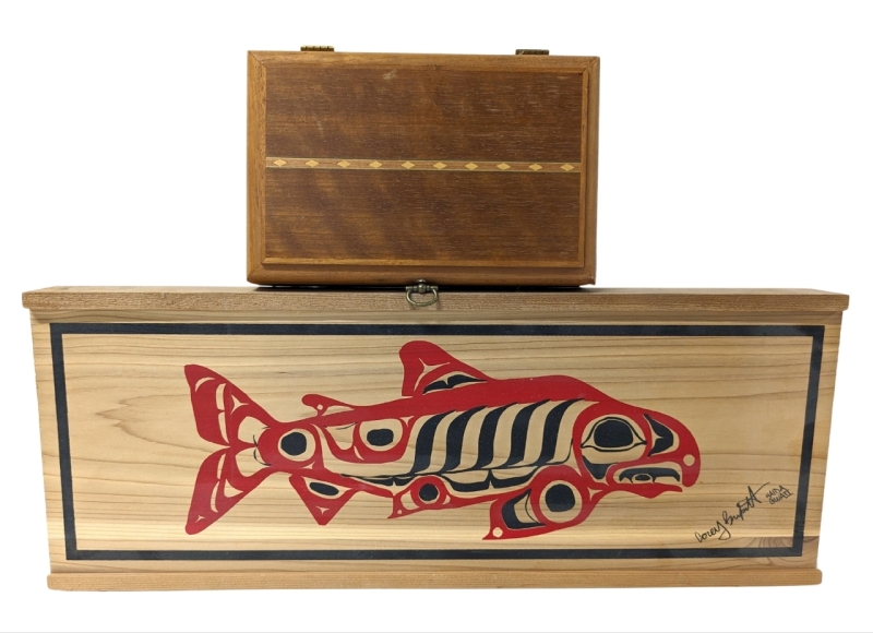 2 Vintage Keepsake Boxes : Haida Smoked Salmon Box 18.25" x 7" x 1.75" and Handmade Walnut & Mahogany Box 7.8" x 5" x 2"